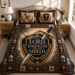 The Lord Is My Strength and My Shield 3 Piece Quilted Bedding Set Gift For Christians