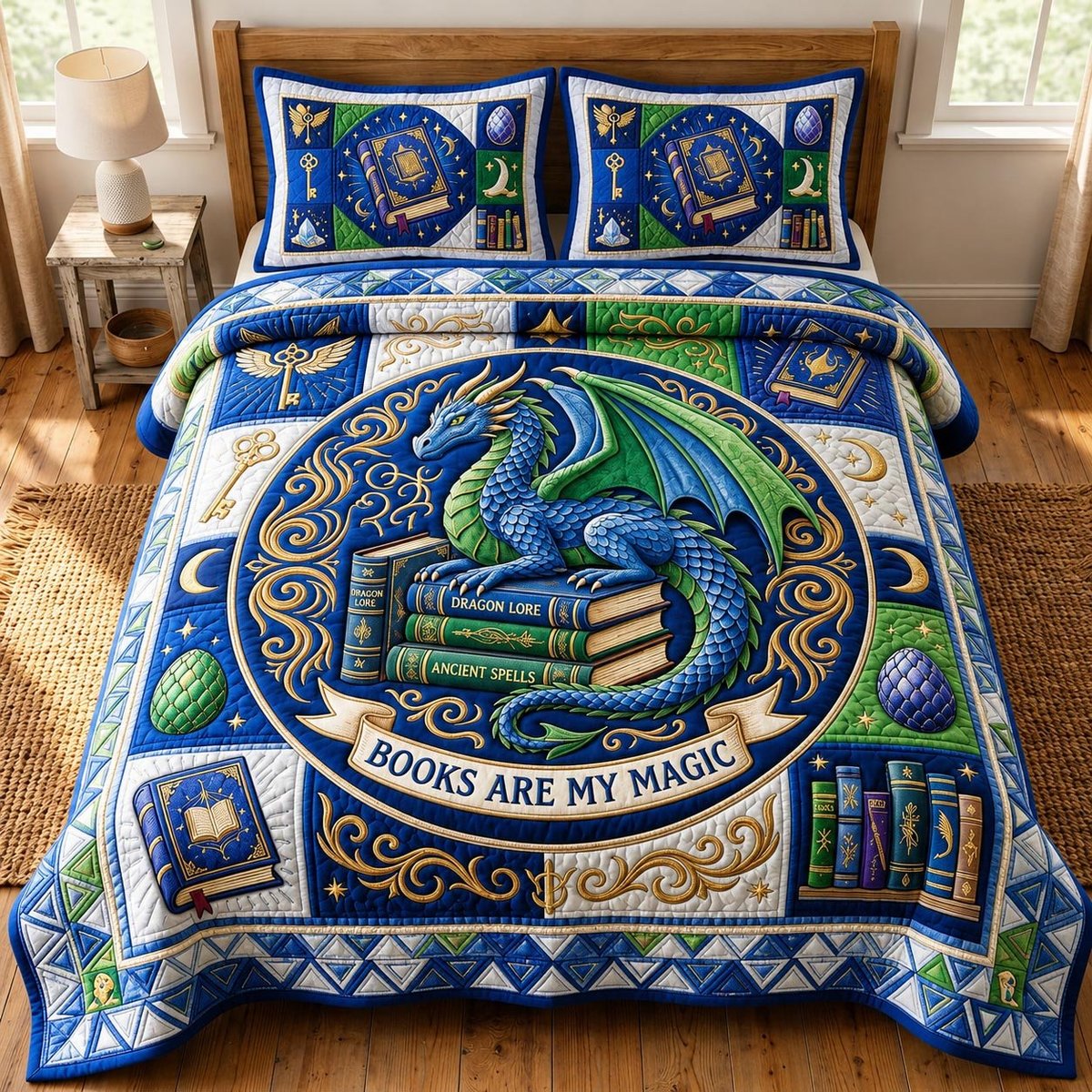 Bookworm Dragon 3 Piece Quilted Bedding Set Gift For Book Lovers