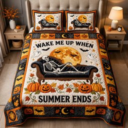 Wake Me Up When Summer Ends 3 Piece Quilted Bedding Set Gift For Cat Lovers