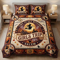 Time to Get Witches 3 Piece Quilted Bedding Set Gift For Cat Lovers