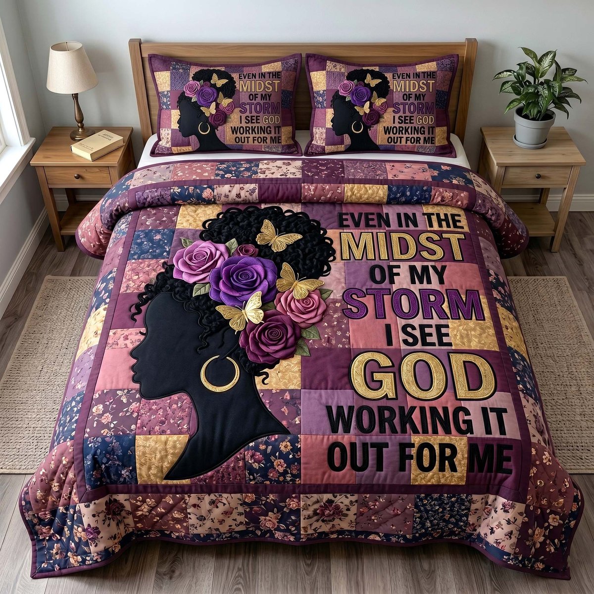 Melanin Grace Christian 3 Piece Quilted Bedding Set Gift For African American Heritage Lovers