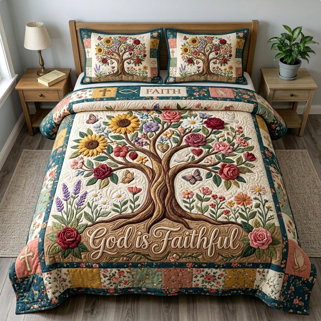 Floral Bible 3 Piece Quilted Bedding Set Gift For Christians