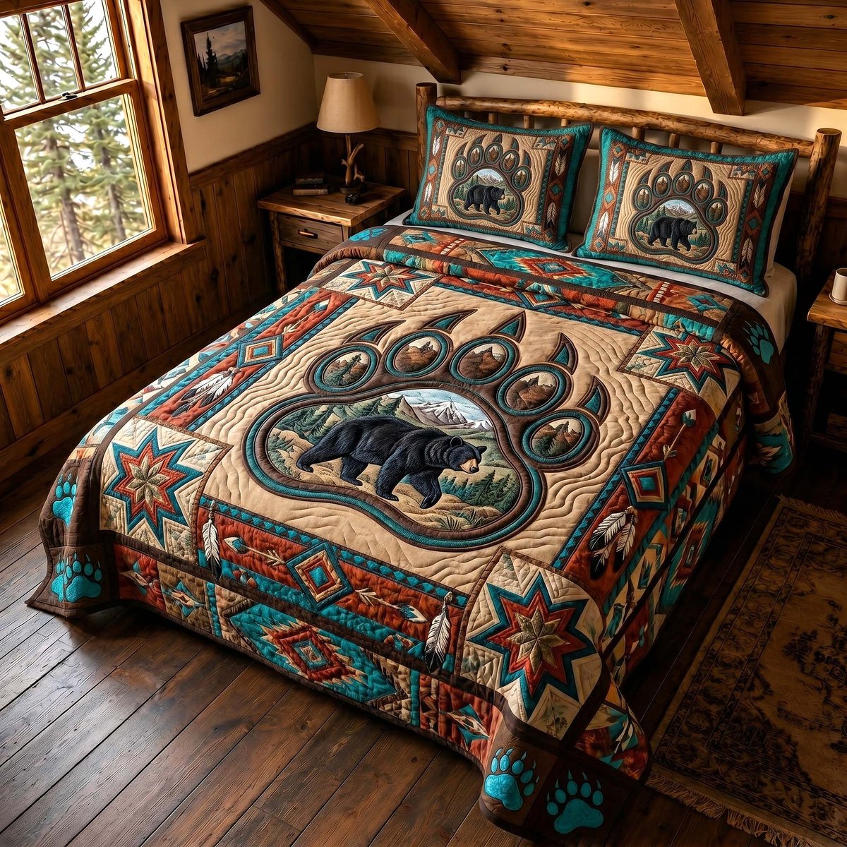 Ancestral Bear 3 Piece Quilted Bedding Set Gift For Bear Lovers