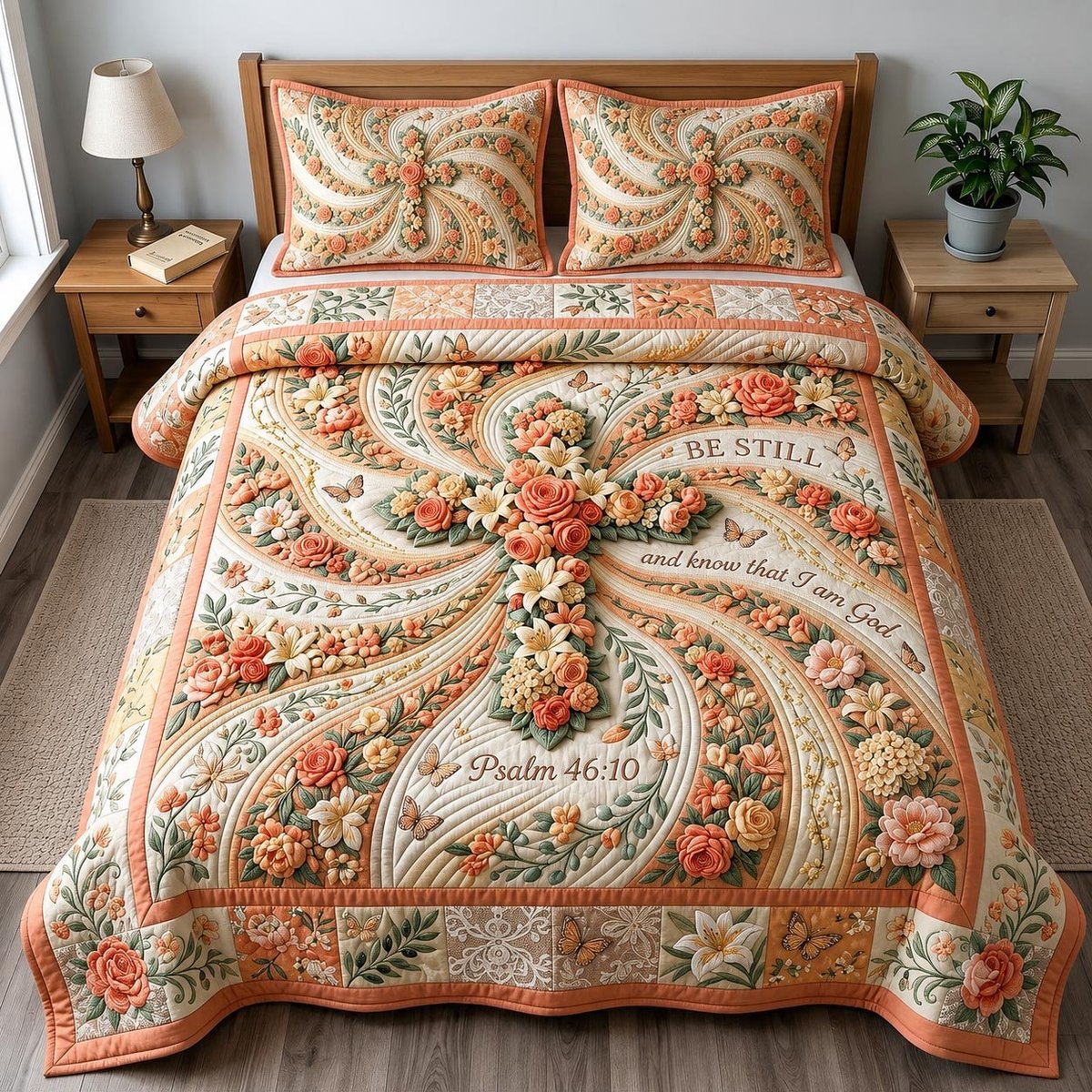 Scripture Bloom 3 Piece Quilted Bedding Set Gift For Christians