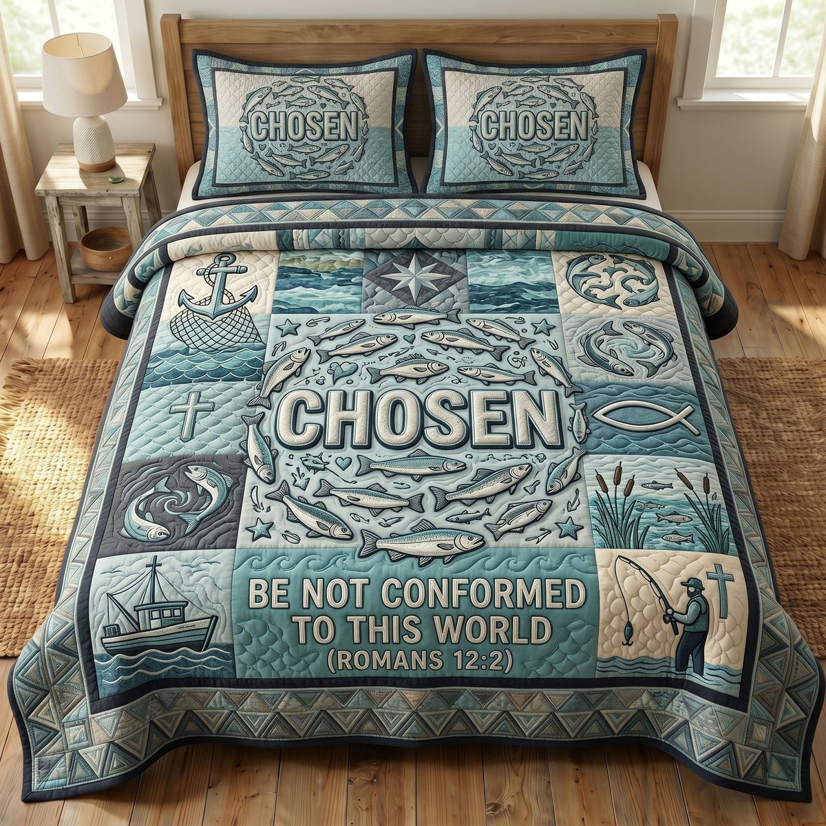 Faithful Fisher Fishing 3 Piece Quilted Bedding Set Gift For Fishing Lovers