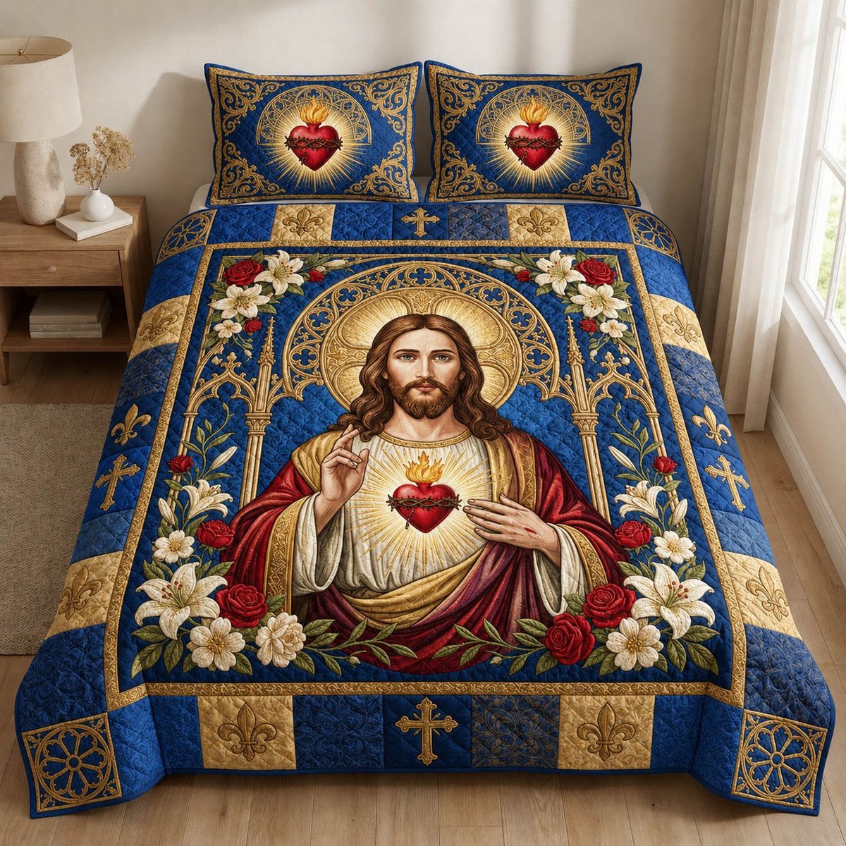 Sacred Heart of Jesus 3 Piece Quilted Bedding Set Gift For Christians