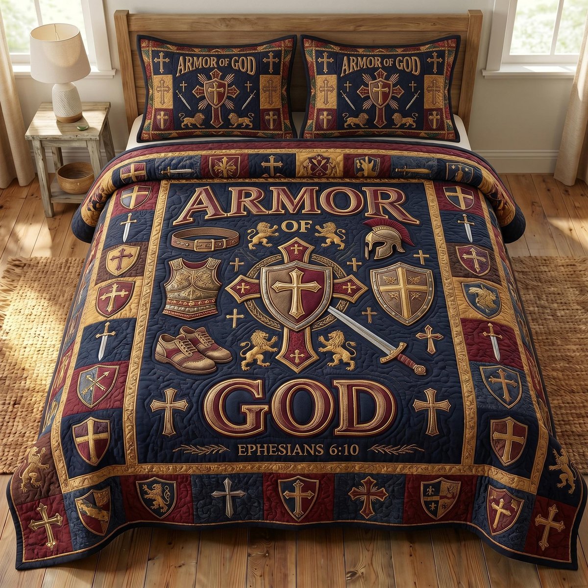 Armor of God Christian 3 Piece Quilted Bedding Set Gift For Christians