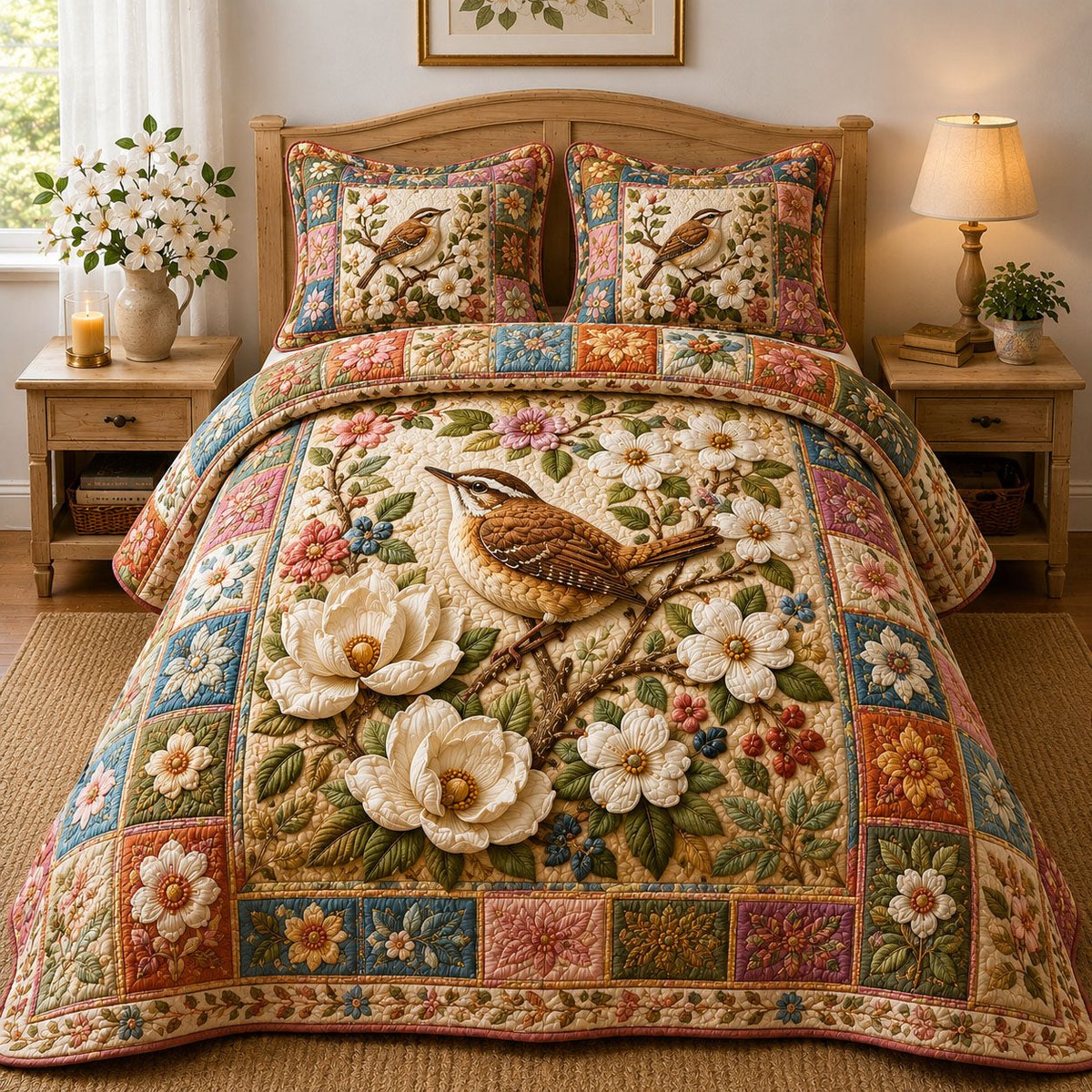Spring Magnolia Wren 3 Piece Quilted Bedding Set Gift For Bird Lovers
