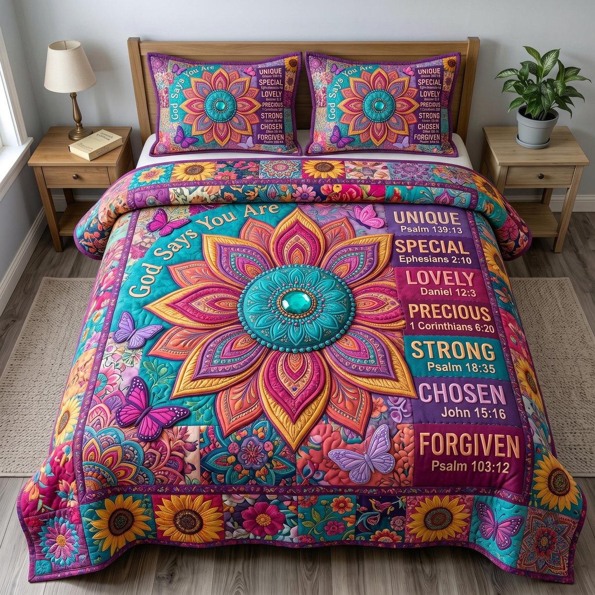 Floral Bible 3 Piece Quilted Bedding Set Gift For Christians