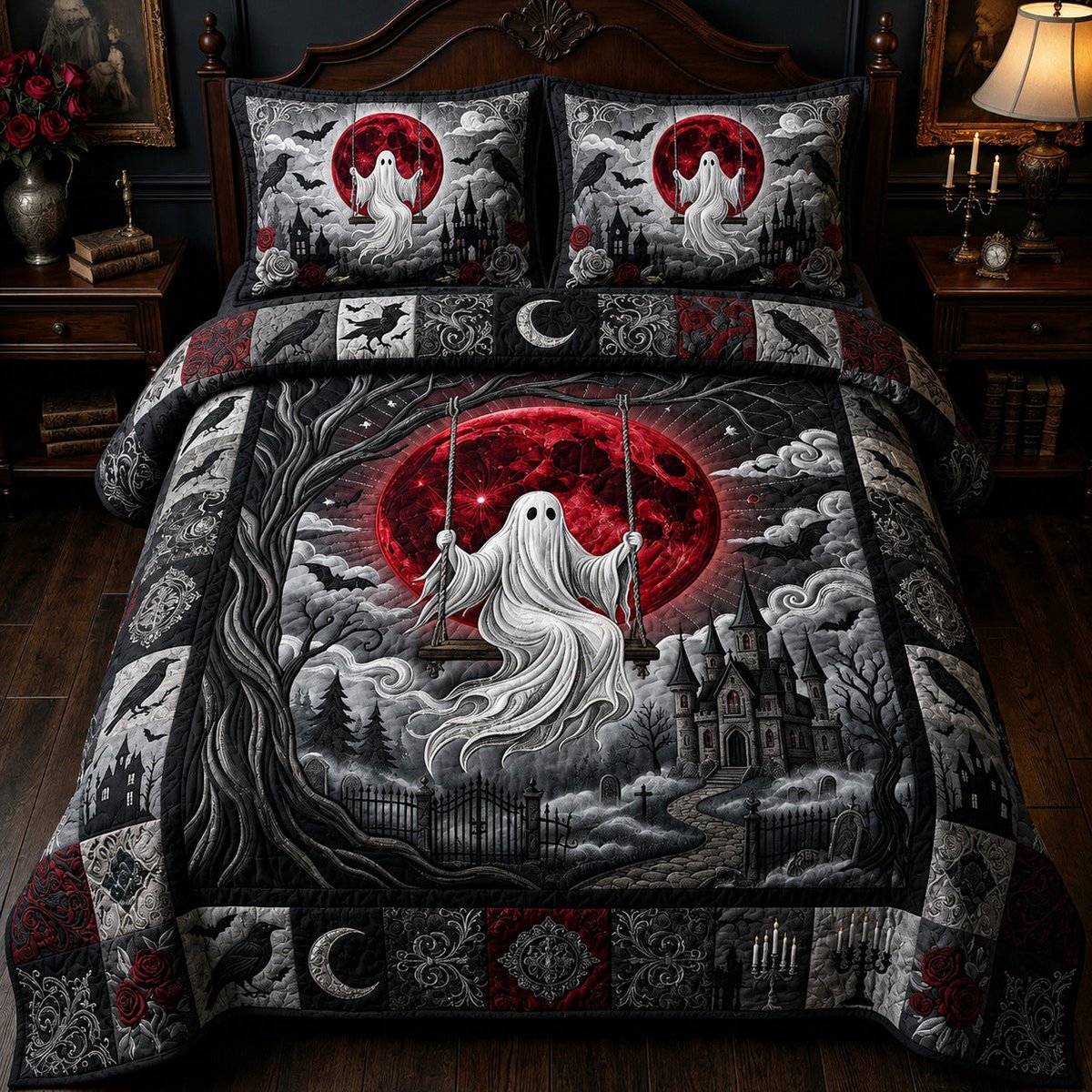 Ghost Swing Blood Moon 3 Piece Quilted Bedding Set Gift For Cat Lovers