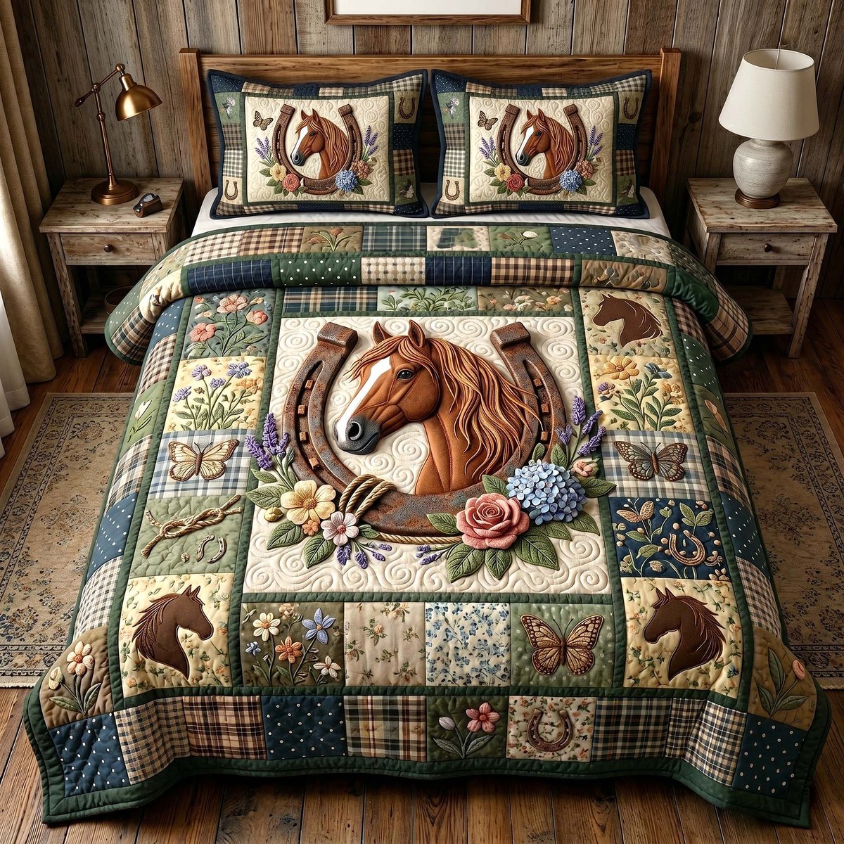 Floral Mustang 3 Piece Quilted Bedding Set Gift For Horse Lovers