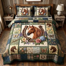 Floral Mustang 3 Piece Quilted Bedding Set Gift For Horse Lovers