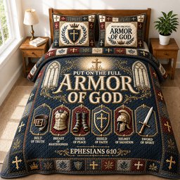 Armor of God Cathedral Cross 3 Piece Quilted Bedding Set Gift For Christians