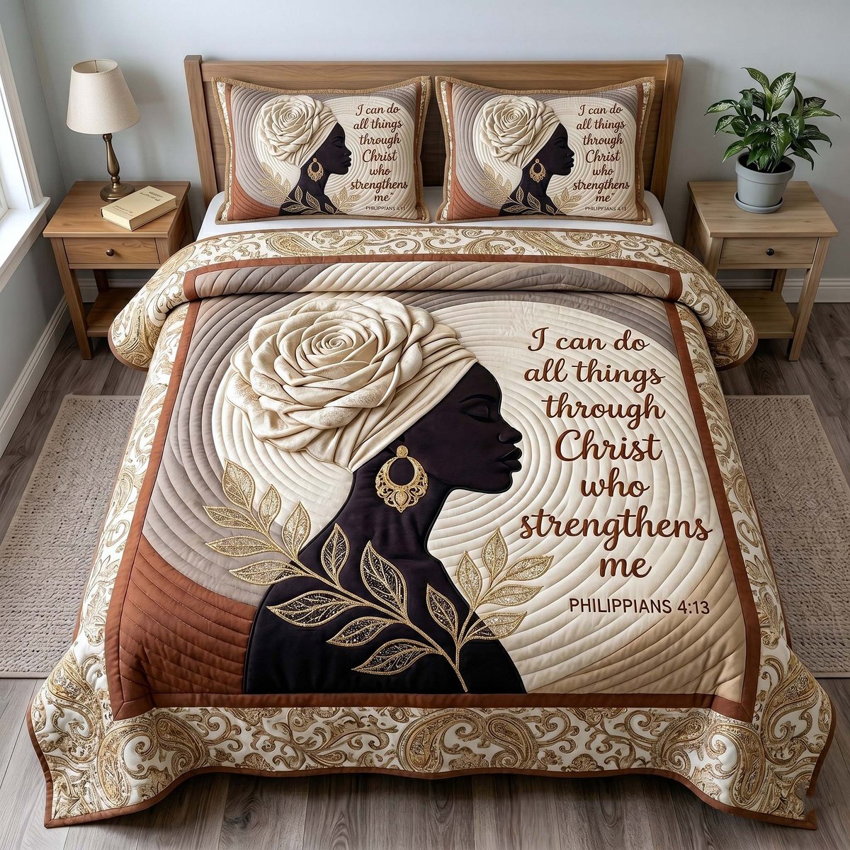 Melanin Grace Christian 3 Piece Quilted Bedding Set Gift For African American Heritage Lovers