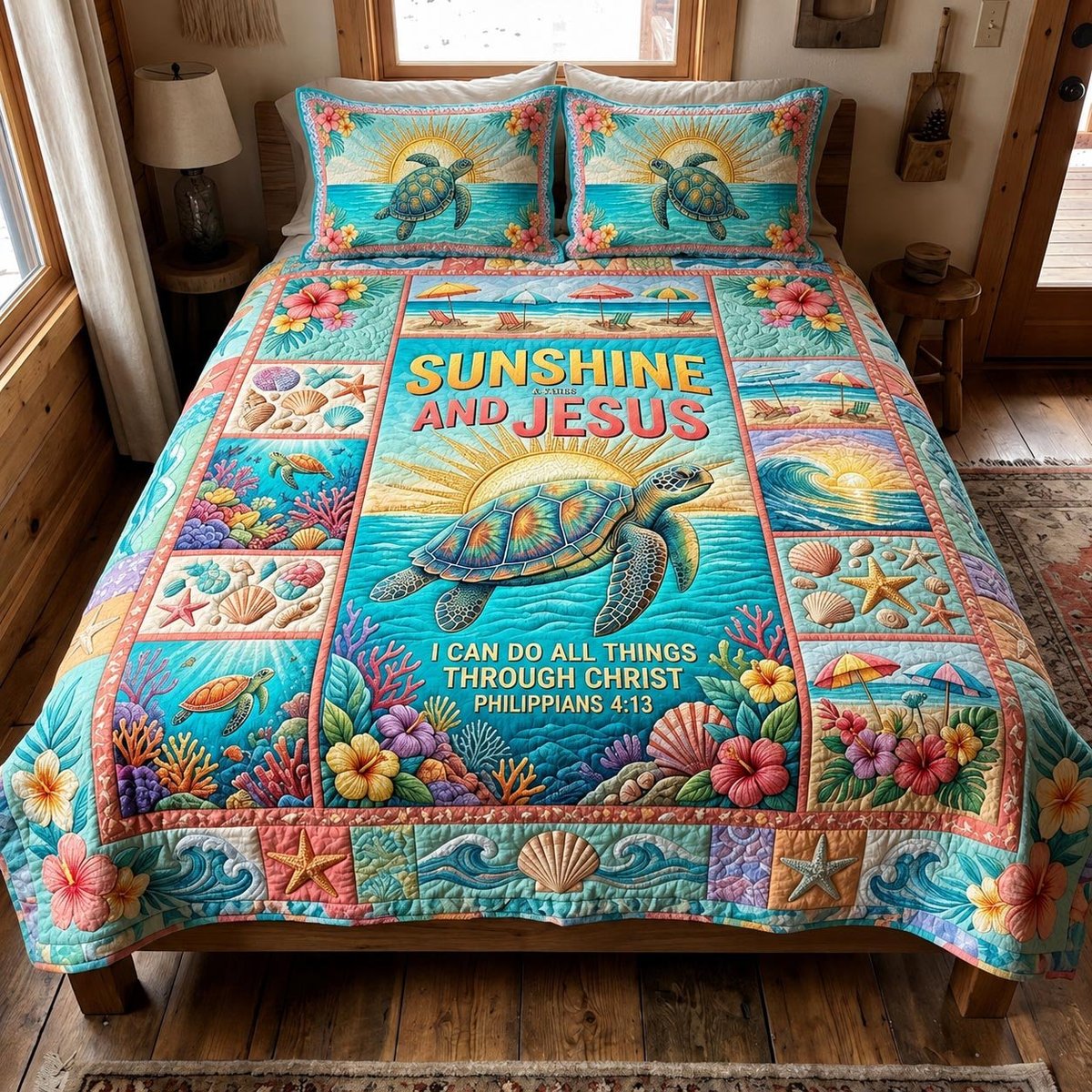 Faith Ocean Fishing 3 Piece Quilted Bedding Set Gift For Christians
