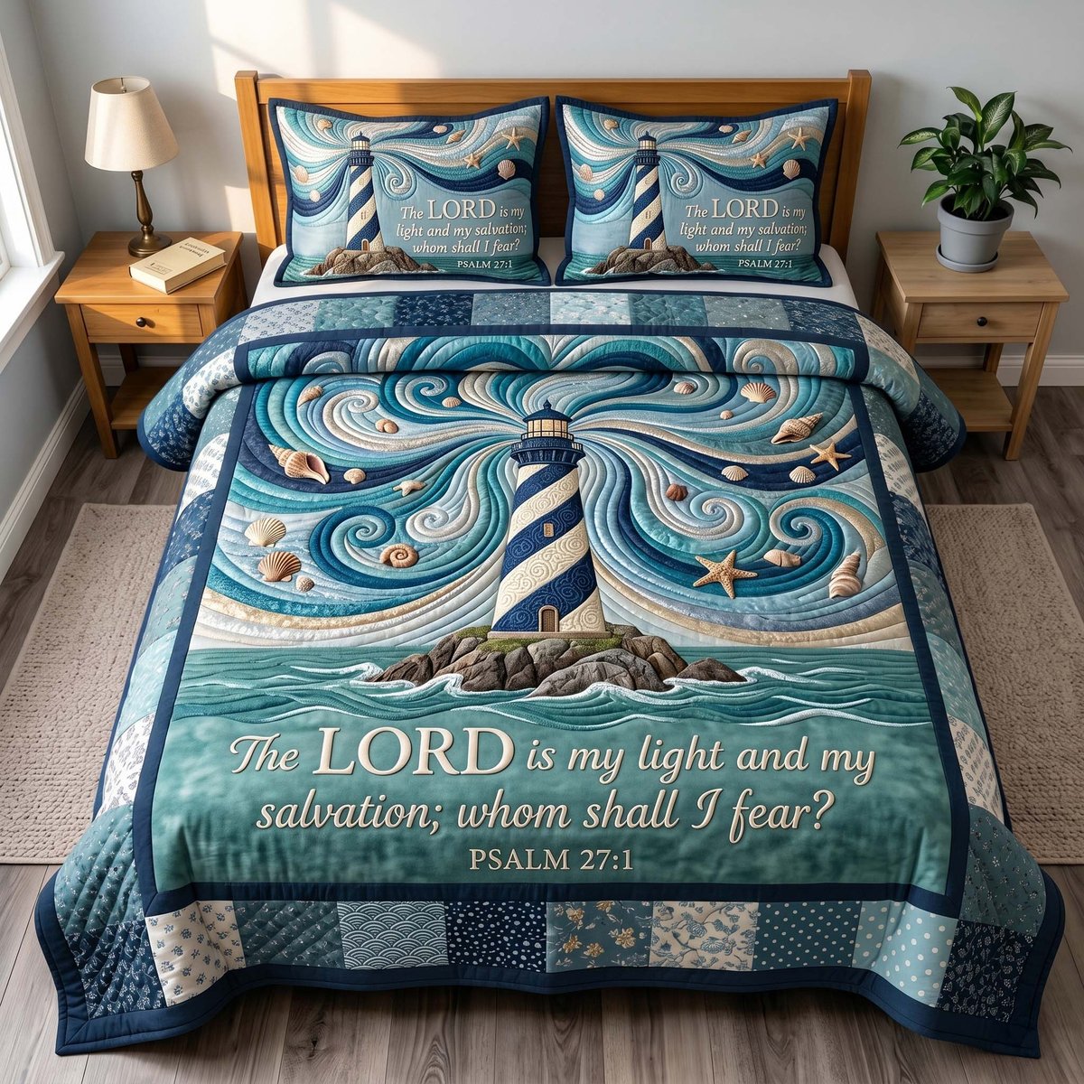 Ocean Grace Christian 3 Piece Quilted Bedding Set Gift For Beach Lovers