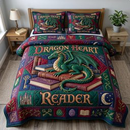 Bookworm Dragon 3 Piece Quilted Bedding Set Gift For Book Lovers