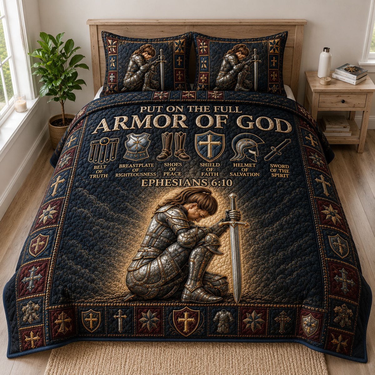 Full Armor of God 3 Piece Quilted Bedding Set Gift For Christians