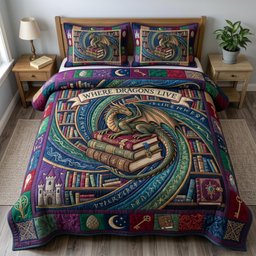 Bookworm Dragon 3 Piece Quilted Bedding Set Gift For Book Lovers
