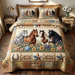 Floral Mustang 3 Piece Quilted Bedding Set Gift For Horse Lovers
