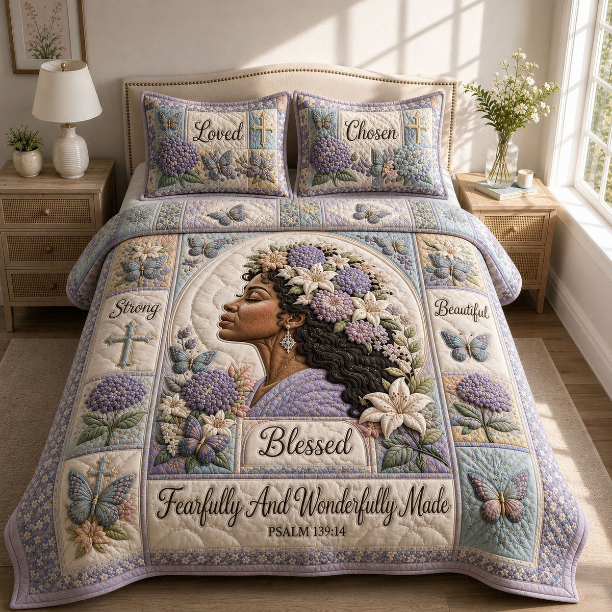 Fearfully and Wonderfully Made 3 Piece Quilted Bedding Set Gift For Christians