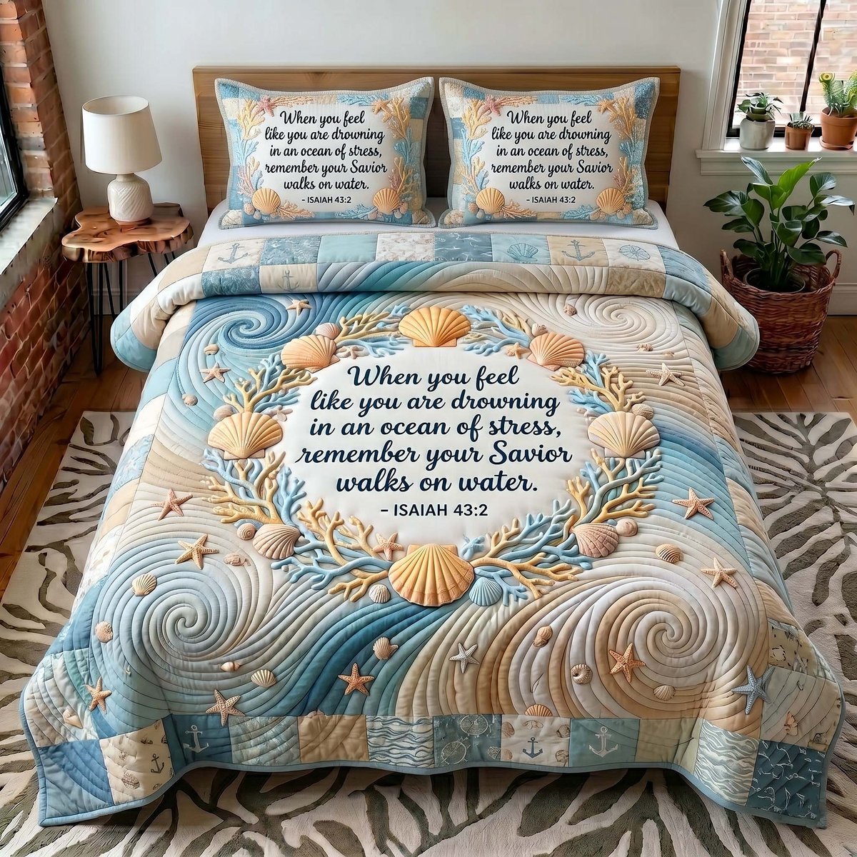 Coastal Blessings Christian 3 Piece Quilted Bedding Set Gift For Beach Lovers