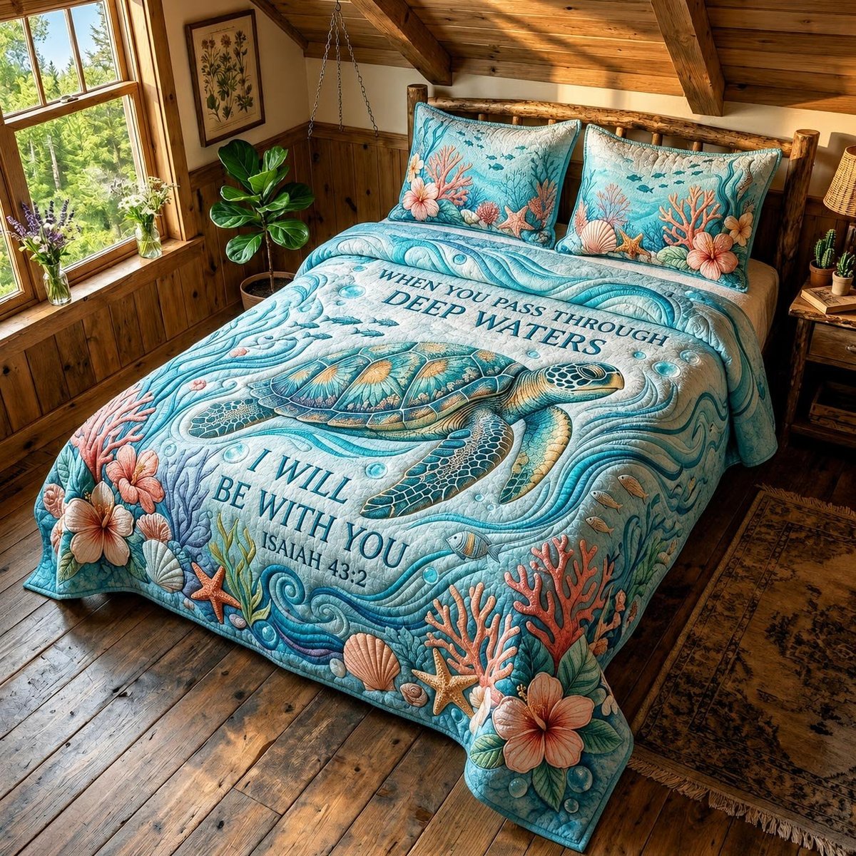 Faith Waves Fishing 3 Piece Quilted Bedding Set Gift For Christians