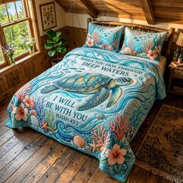 Faith Waves Fishing 3 Piece Quilted Bedding Set Gift For Christians