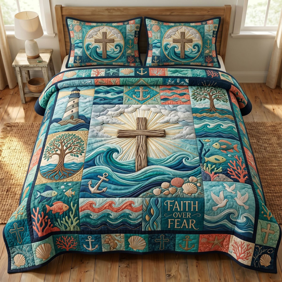 Coastal Christian 3 Piece Quilted Bedding Set Gift For Christians