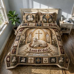 Lamb of God 3 Piece Quilted Bedding Set Gift For Christians