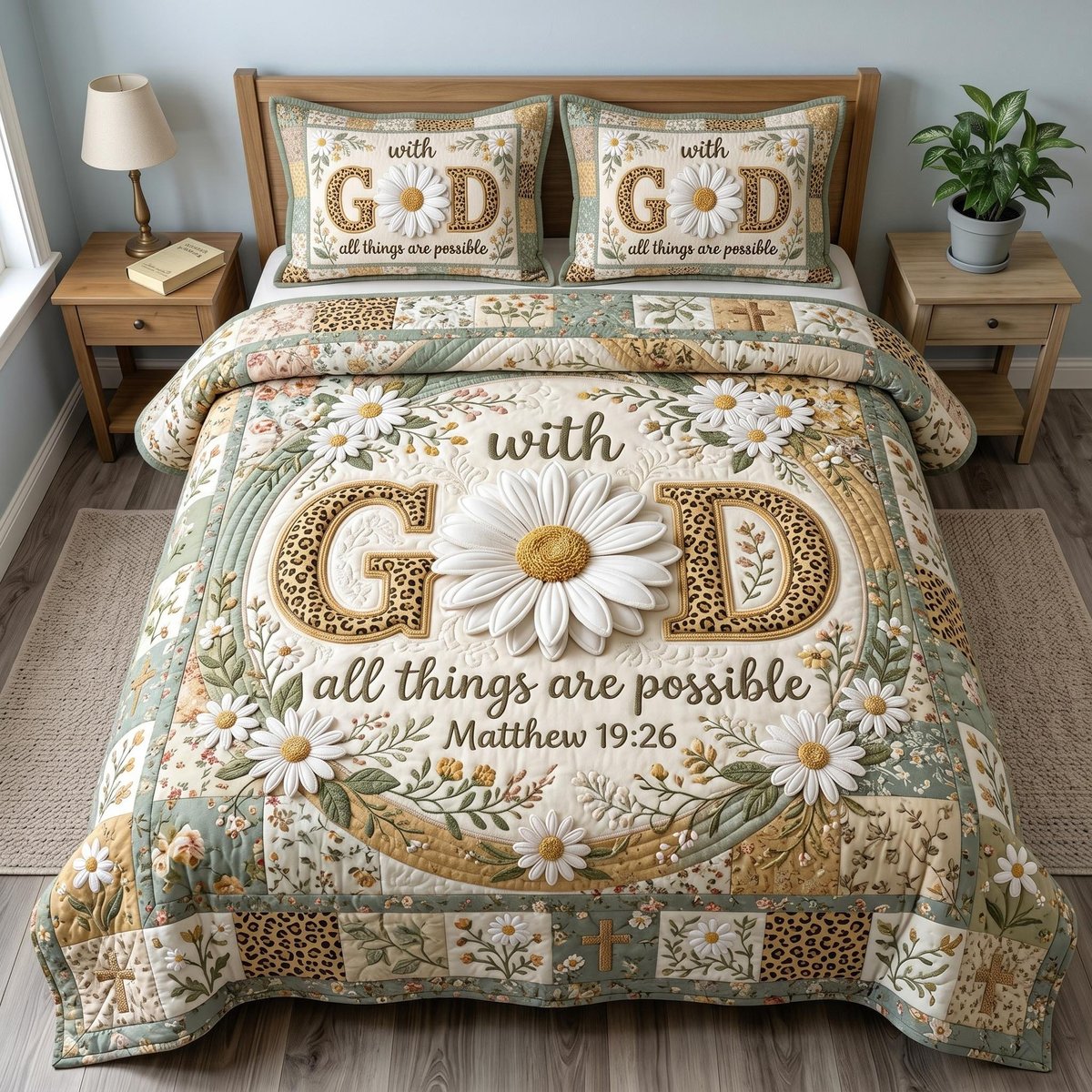 Floral Bible 3 Piece Quilted Bedding Set Gift For Christians