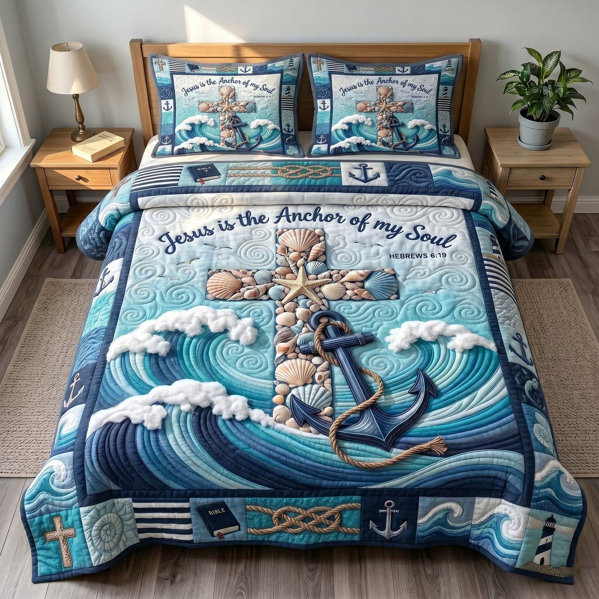 Ocean Grace Christian 3 Piece Quilted Bedding Set Gift For Beach Lovers