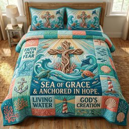 Coastal Christian 3 Piece Quilted Bedding Set Gift For Christians