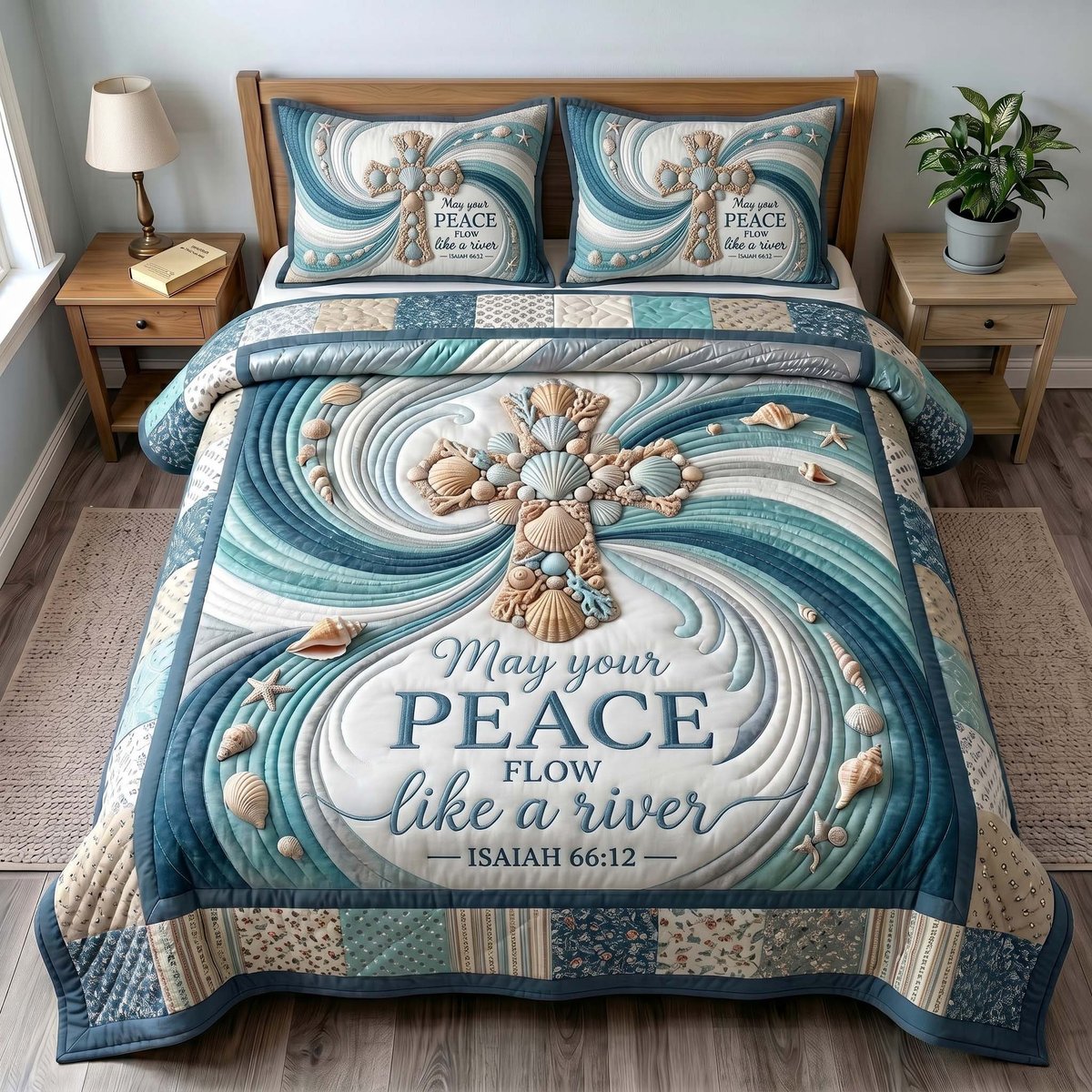 Ocean Grace Christian 3 Piece Quilted Bedding Set Gift For Beach Lovers