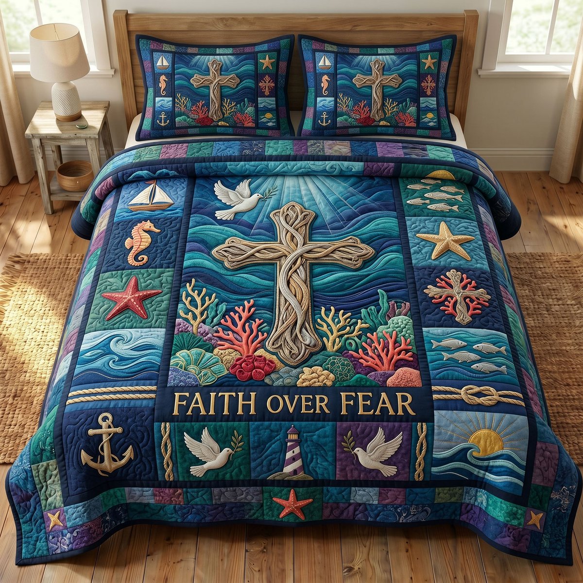 Coastal Christian 3 Piece Quilted Bedding Set Gift For Christians