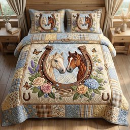 Floral Mustang 3 Piece Quilted Bedding Set Gift For Horse Lovers