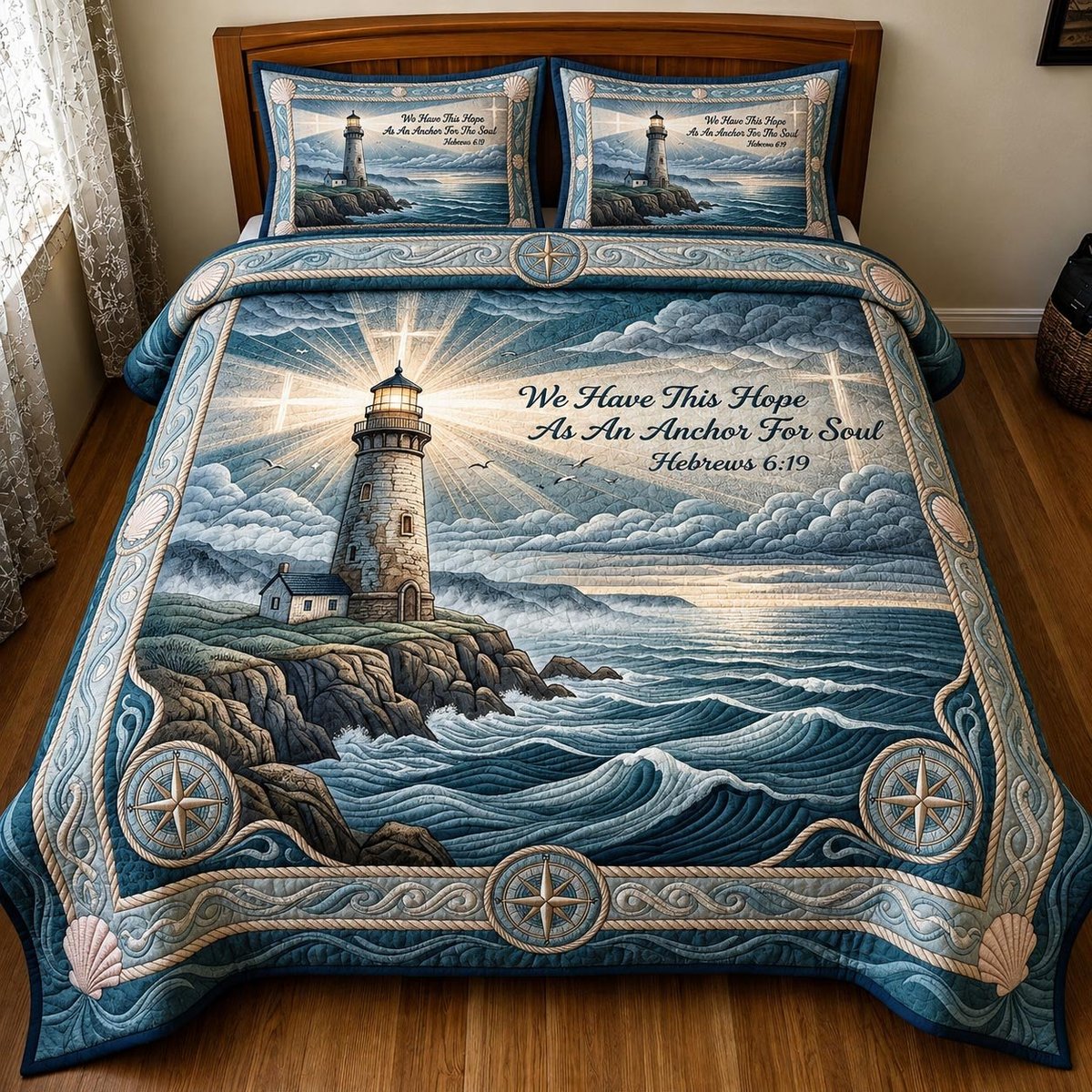 Faith Tide Fishing 3 Piece Quilted Bedding Set Gift For Christians