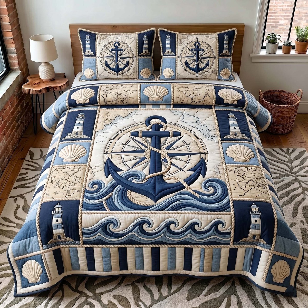 Classic Mariner Nautical 3 Piece Quilted Bedding Set Gift For Beach Lovers