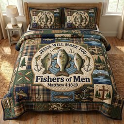 Faithful Fisher Fishing 3 Piece Quilted Bedding Set Gift For Fishing Lovers