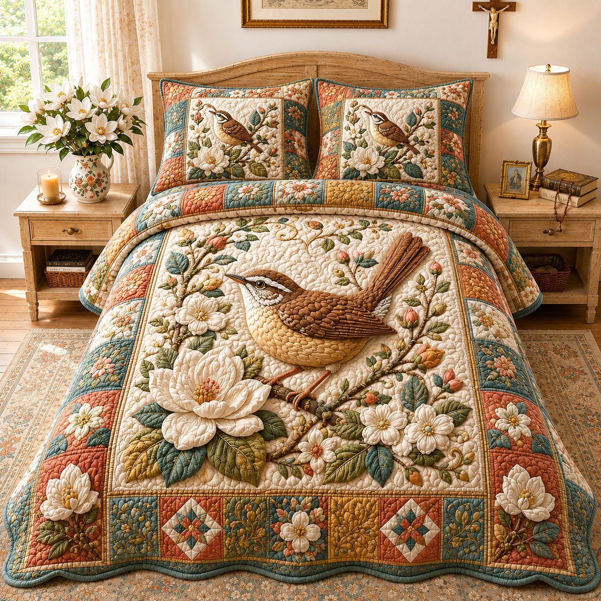 Faithful Magnolia Wren 3 Piece Quilted Bedding Set Gift For Bird Lovers