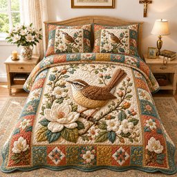 Faithful Magnolia Wren 3 Piece Quilted Bedding Set Gift For Bird Lovers