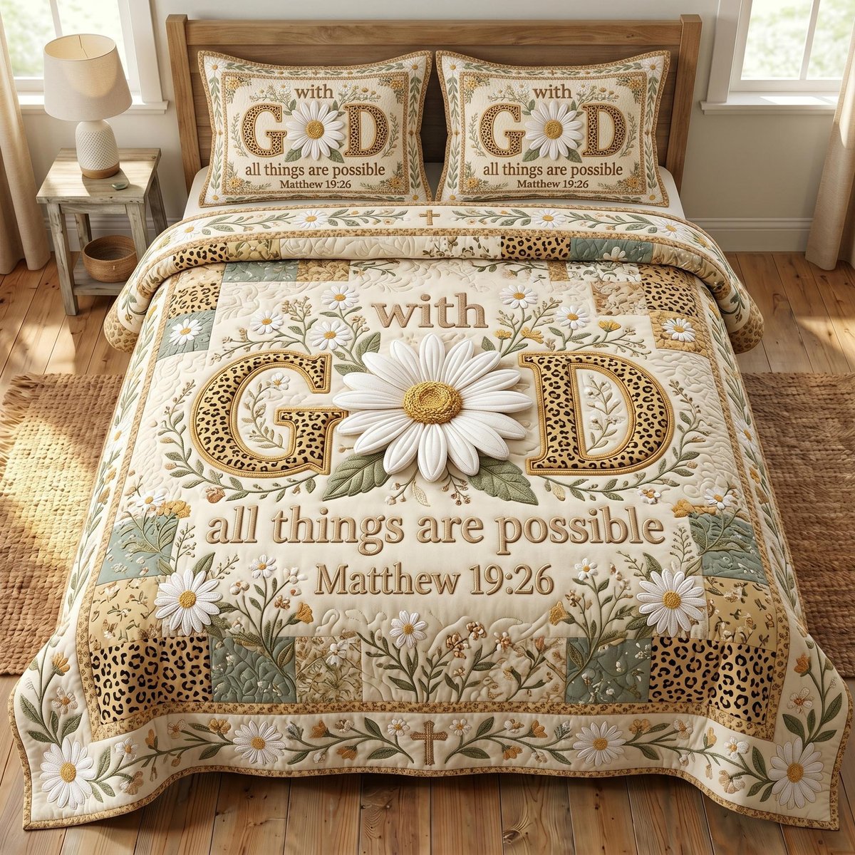 Floral Bible 3 Piece Quilted Bedding Set Gift For Christians