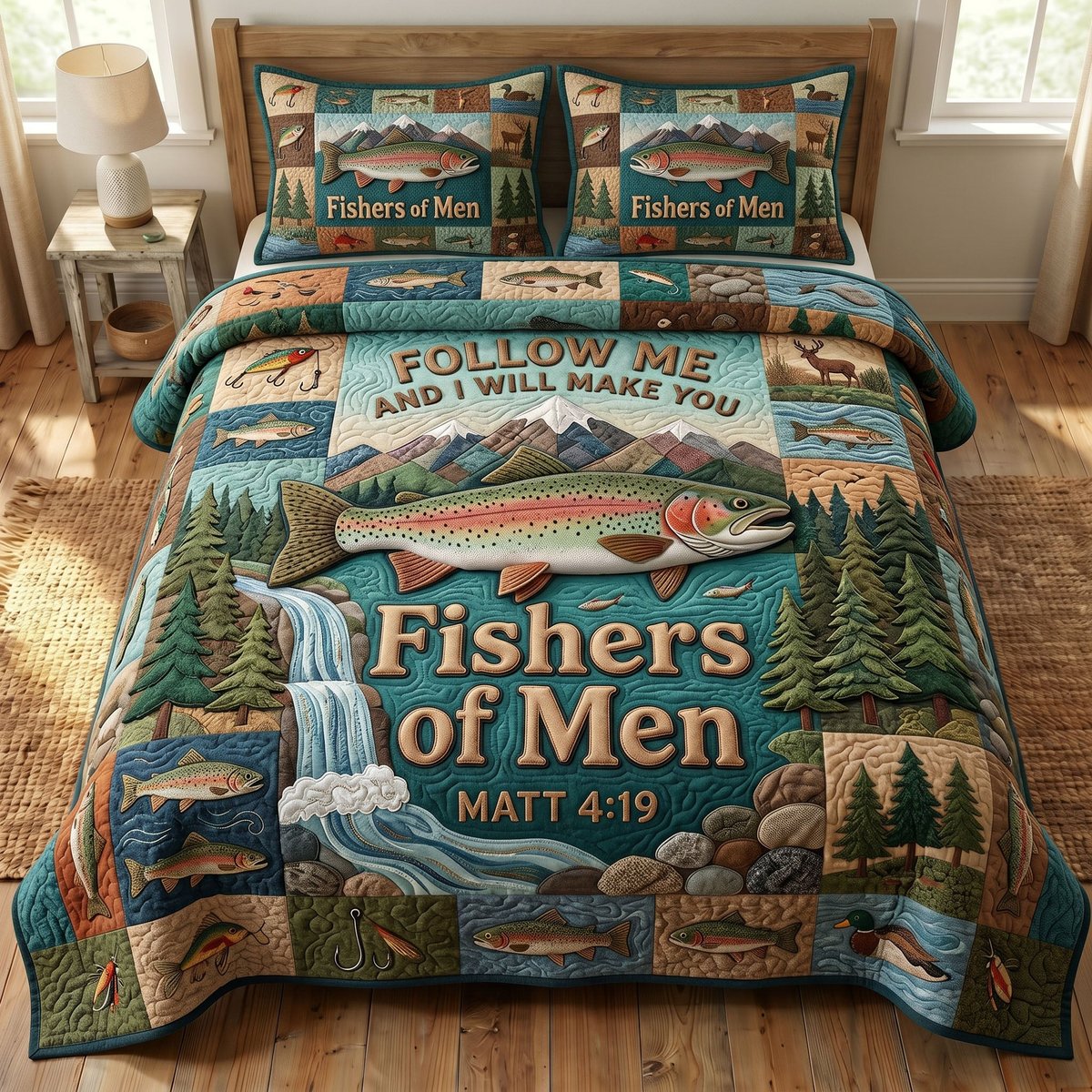 Faithful Fisher Fishing 3 Piece Quilted Bedding Set Gift For Fishing Lovers