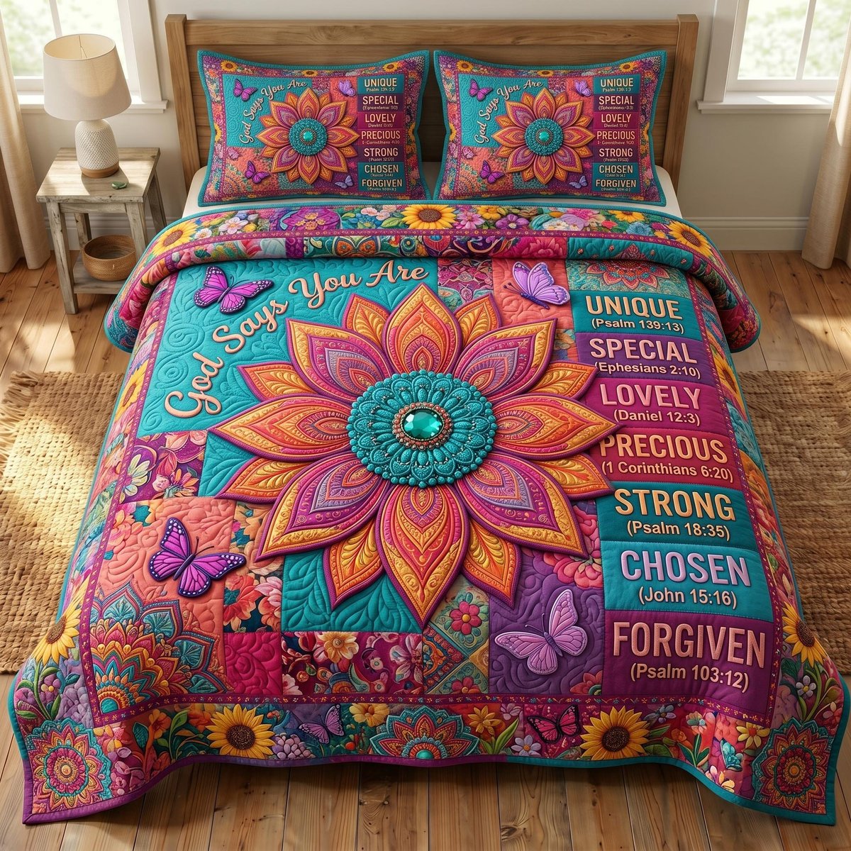 Floral Bible 3 Piece Quilted Bedding Set Gift For Christians