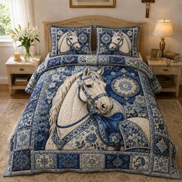 Blue Porcelain Equestrian Horse 3 Piece Quilted Bedding Set Gift For Horse Lovers