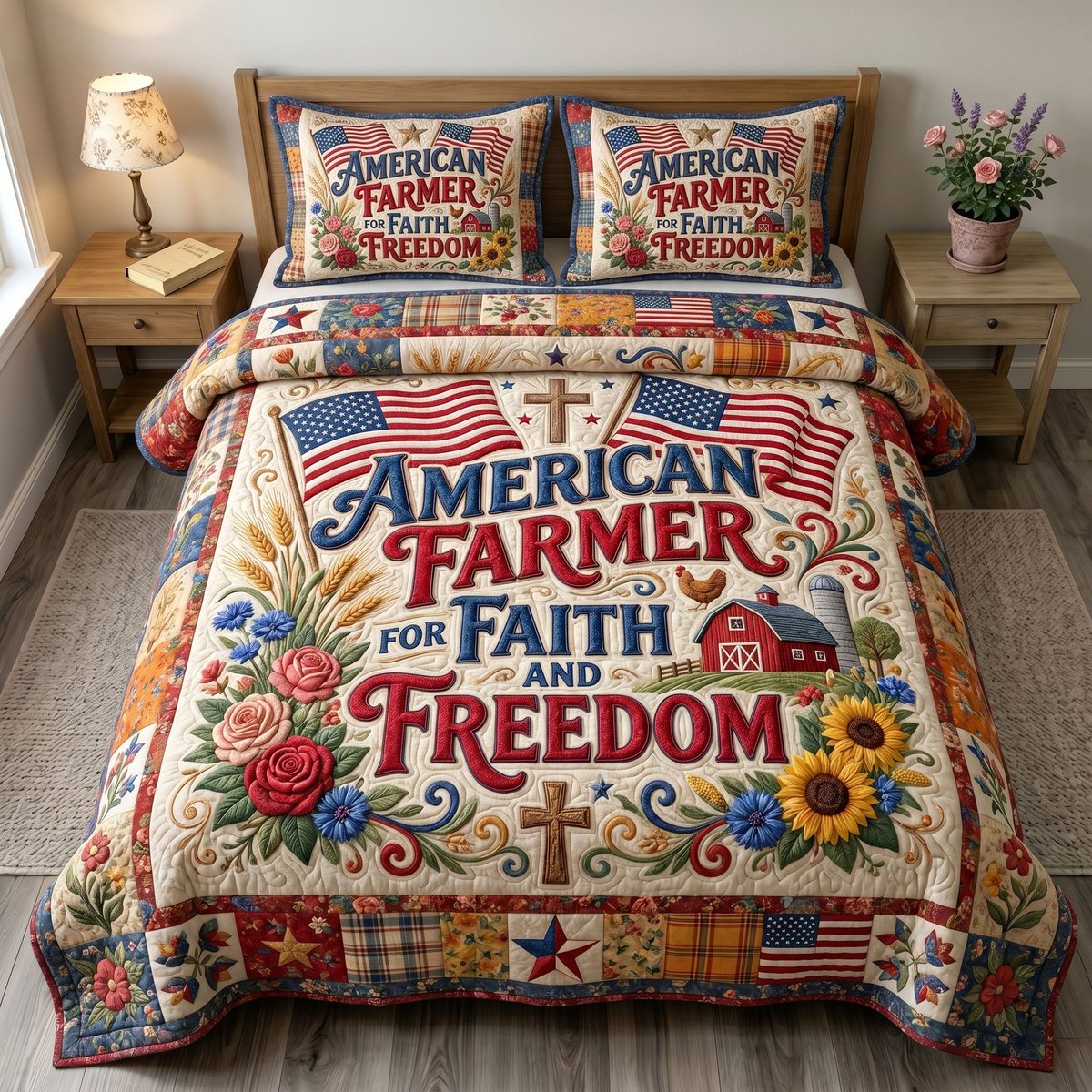 Christian Patriotic 3 Piece Quilted Bedding Set Gift For Christians