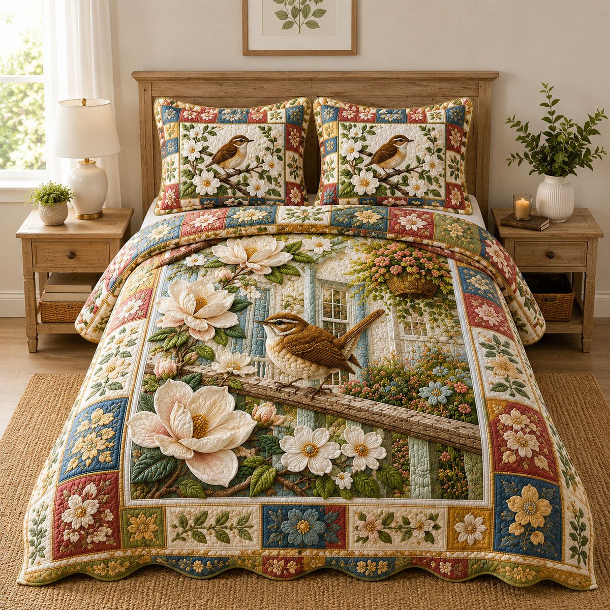 Cottage Garden Wren Magnolia 3 Piece Quilted Bedding Set Gift For Flower Lovers