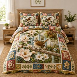 Cottage Garden Wren Magnolia 3 Piece Quilted Bedding Set Gift For Flower Lovers