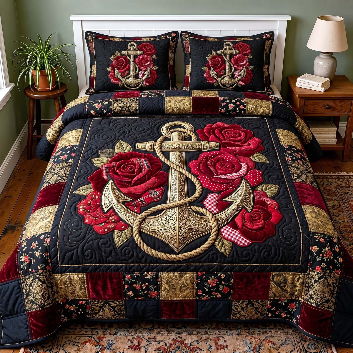 Elegant Anchor Nautical 3 Piece Quilted Bedding Set Gift For Beach Lovers