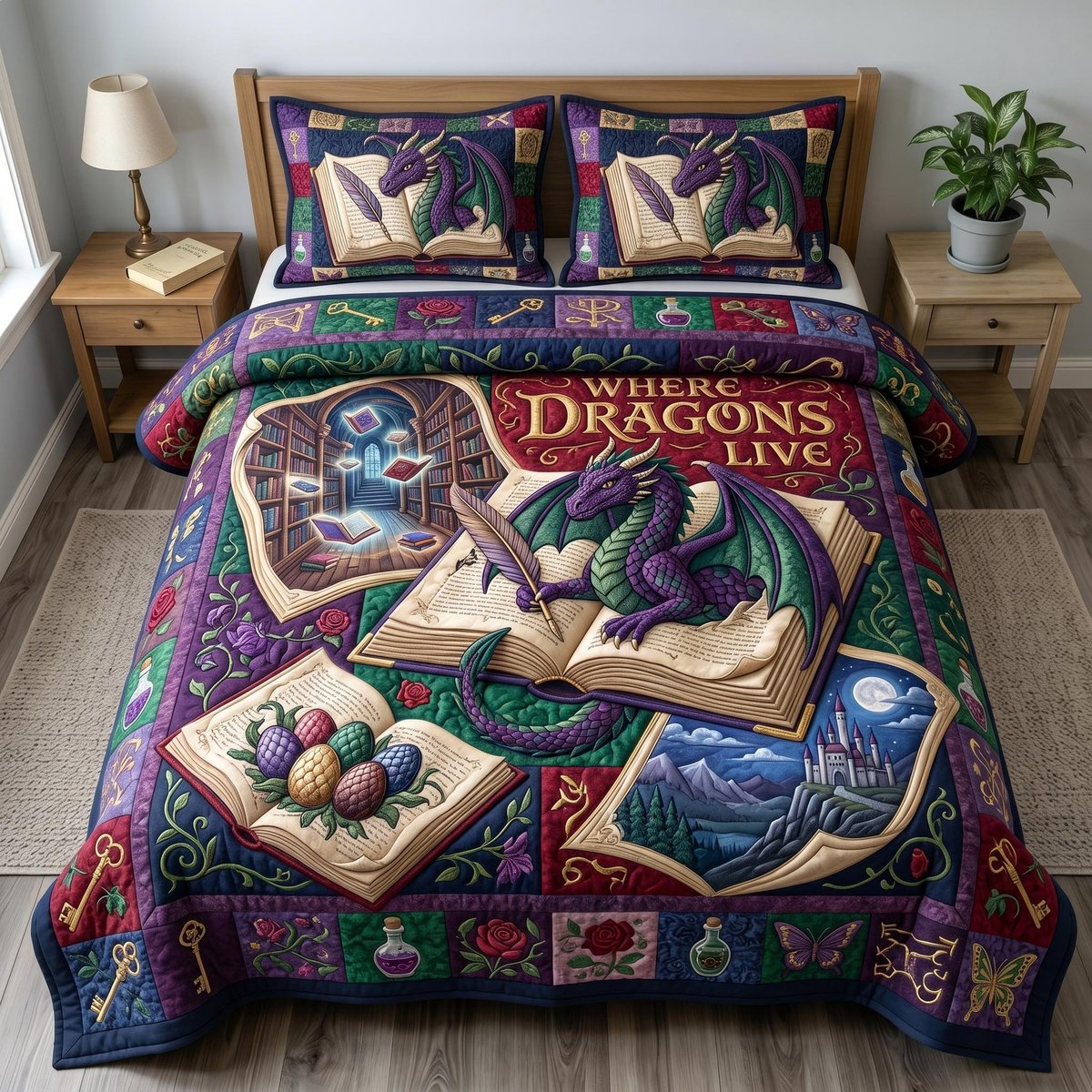 Bookworm Dragon 3 Piece Quilted Bedding Set Gift For Book Lovers